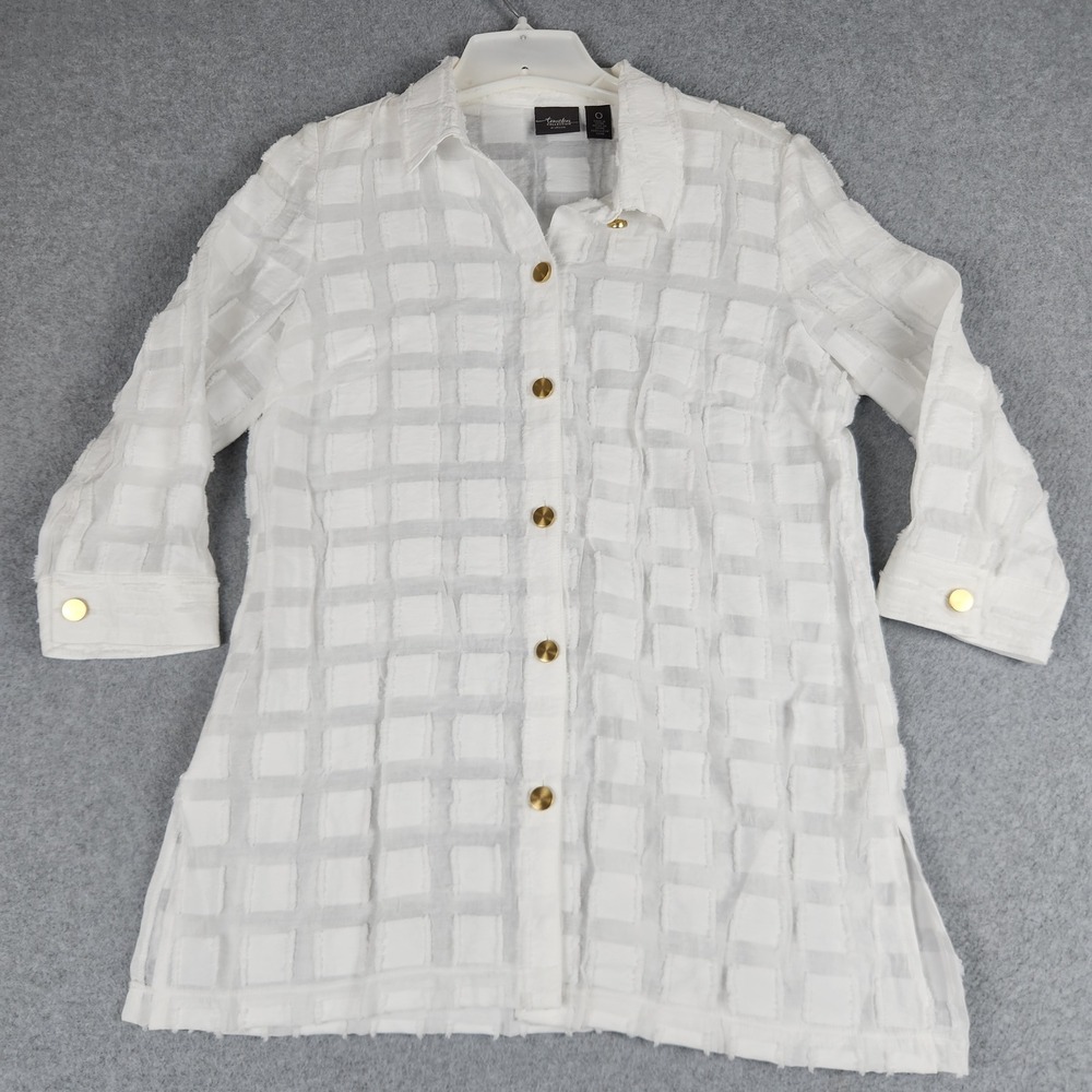 Chico's Travelers Collection Shirt Womens 0 White Textured Grid Collar Button Up